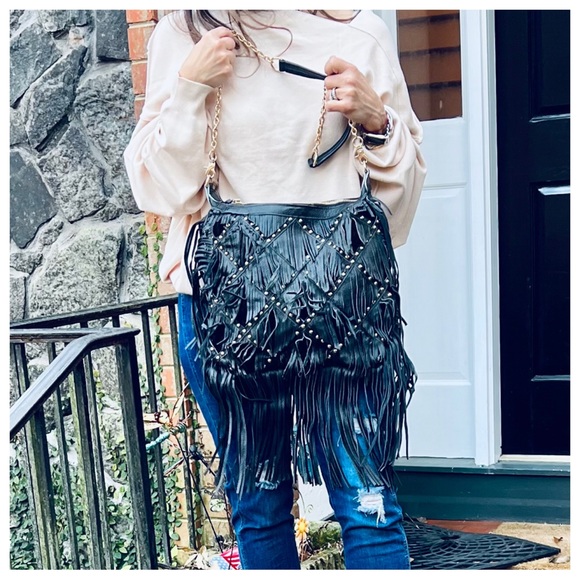 #35 Culture Riot Dakota Bohemian Leather Fringe Bag, Black - Picture 5 of 5